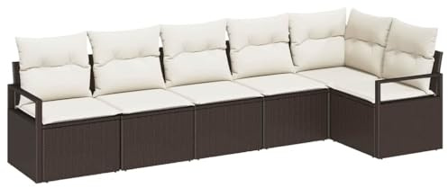 vidaXL Gartensofa-Set mit Kissen 6 pcs Braun und Weiß Poly-Rattan, Stylisches Garten- und Terrassenmöbel, modernes Rattan-Sofa, wetterfest, vielseitige Sitzmöglichkeiten