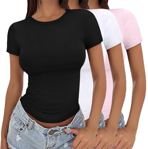 Dam 3-pack kortärmad toppar rund hals basic t-shirts stretch anpassad sommar magtröja smal passform Y2K basic blus bekväm dubbel fodrad topp stretch tight beskuren t-shirt söt pullover t-shirts, b, L
