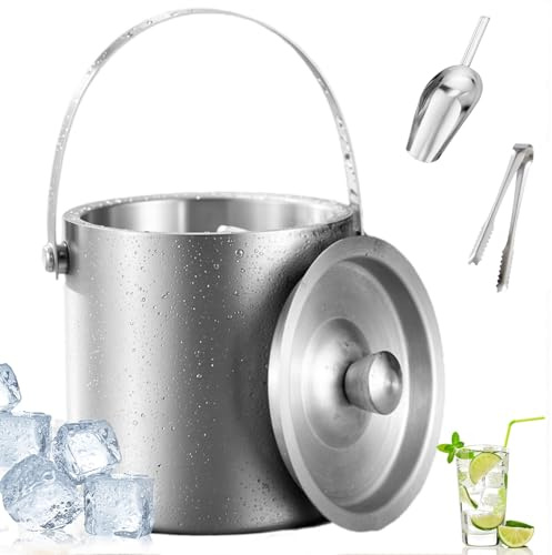 3L Double Walled Stainless Steel Insulated Ice Bucket with Lid and Tong Scoop, Round Ice Bucket Wine Bucket for Home Parties, Clubs, BBQs and Picnics