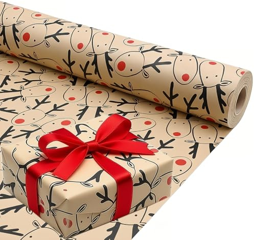 Christmas Wrapping Paper, 43cm*15m Birthday Gift Wrapping Paper Roll, Recyclable Elk Head Kraft Paper for Boxes Wrap, Christmas, Birthday, Halloween Party Festival Decoration (Deer head)