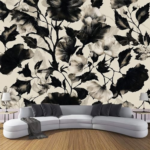 CDXNORA 3D Effect Photo Wallpaper Gothic Style 150×105cm Mural Panoramic Wall Tapestry Black and White Flower Large Panoramic Photo Wallpaper Mural Bedroom Eco-Friendly Decoration,Cream