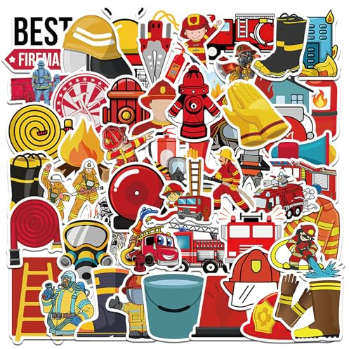 Feuerwehr Sticker 50 Stück,Kinder Feuerwehr Aufkleber,wasserdichte Vinyl Graffiti Feuerwehrauto Aufkleber,Feuerwehrfahrzeug Belohnungssticker Decals für Koffer Snowboards Laptops Scrapbooking Helm
