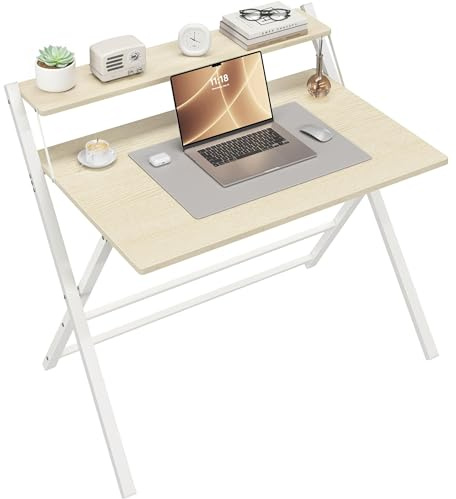 Yaheetech Foldable Desk with Monitor Stand,100 cm Computer Desk for Small Spaces,2-Tier Folding Table for Home, Office, School, Dormitory,Easy Assembly(Natural Wood)