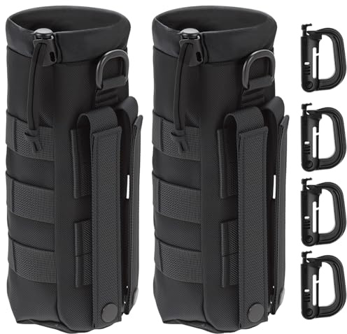 QWORK® 2er Pack Taktischer Flaschenhalter MOLLE mit 4 Haken, 24 * 10 cm, Robustes 1000D-Polyester, Outdoor Trinkflaschenbeutel, Schwarz