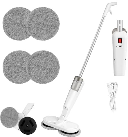 Mopa eléctrica inalámbrica de 7.4 V 2000 mAh, batería de litio de 200 ml, tanque de agua de 1 hora de funcionamiento, trapeador seco y húmedo, color blanco, 113 x 28 x 13 cm