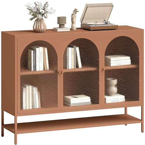 HOMCOM Buffet Salon, Meuble de Rangement avec 3 Portes vitrées cintrées et étagère Ouverte, Cadre en Acier, Style Industriel, Buffet Salle à Manger et Cuisine, 140 x 40 x 105 cm, Rouille