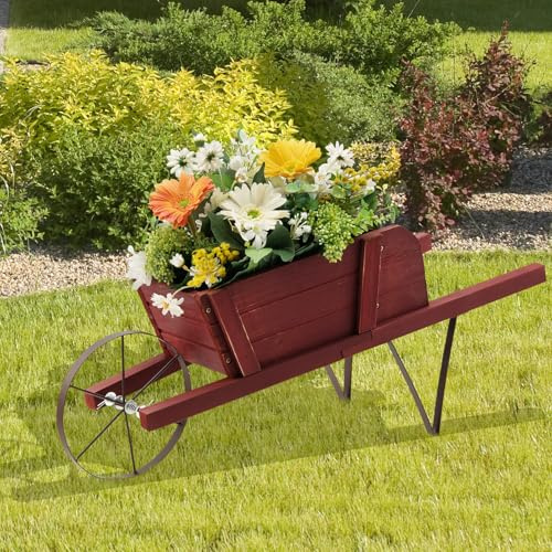 S AFSTAR Wheelbarrow Planter, Wood Flower Plant Pot Wheelbarrow Cart w/Metal Wheel & 9 Replaceable Magnet Accessories, Wooden Wagon Planter Wheelbarrow Decor for Outdoor Garden Backyard (Red)