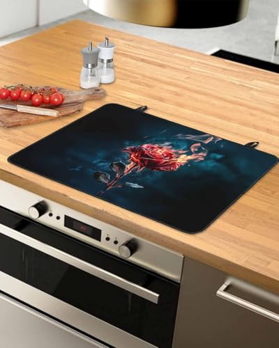 Stove Top Covers for Electric Stove, Red Rose Black Glass Stove Top Protector Cover Burning Flower Floral Burning Roses Heat-proof Induction Cooktop Protector Mat 24x21 Inch,