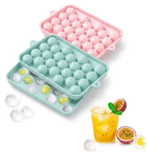 Round Ice Cube Moulds Mini Sphere Ice Cube Trays with Lid (Blue Pink 2Pcs) | Small Reusable Silicone Ice Cube Mould Easy to Remove Ice Ball Maker for Water Beverages Whiskey Cocktails Coffee(25-Cell)