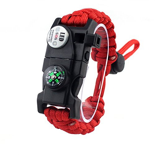 Survival-Armband, verstellbar, 7-Strang Paracord Survivel-Set, 20 in 1 Set, mit wasserdichtem SOS-LED-Licht, Kompass, Signalpfeife, Anzünder, Multi-Tool, für Outdoor-Aktivitäten, rot