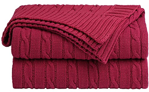 sourcing map Überwurfdecke aus Baumwolle, Zopfmuster, weicher Überwurf, Couchüberzüge, Dekorationen, gestrickte Decken für Sofa, Bett, Rot, 178 x 198 cm