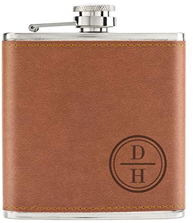 Personalizado Iniciales Círculo 6oz Piel Sintética PU Petaca Marrón