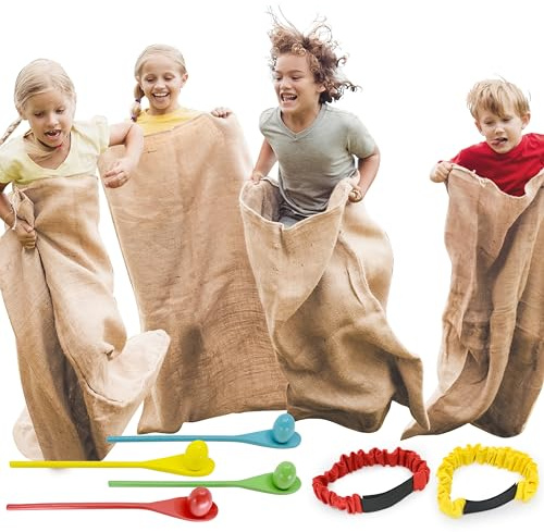JOYIN 4 Spieler Outdoor Rasen Spiele, Spiele Gartenspiele， Potato Sack Race Bags, Eier und Löffel Rennspiele, Legged Relay Race Bands Elastisches Bindeseil für Kinder und Familien, Osternsuchspiel.