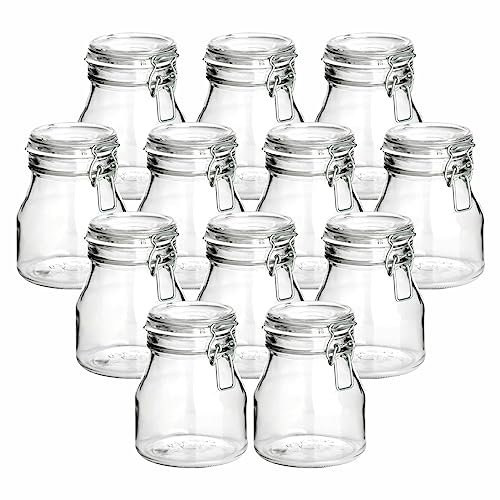 gouveo Set di 12 vasetti da 750 ml, rotondi, con chiusura a leva, colore bianco, in vetro con chiusura a gancio, con coperchio ermetico