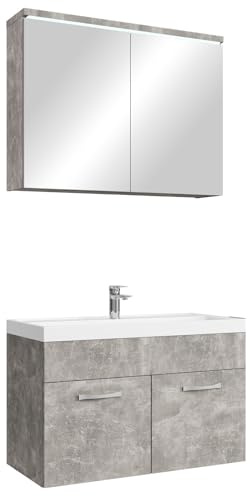 Badplaats Badmöbel Komplettset Paso 02 80 x 40 cm Beton Grau - Badezimmermöbel mit Waschbecken und Spiegelschrank