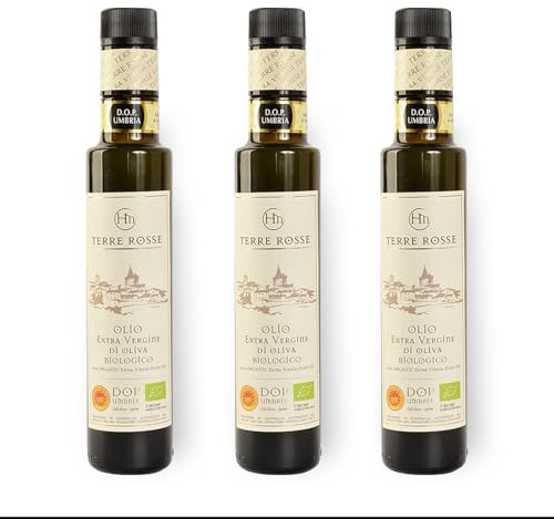 Terre Rosse - Olio Extravergine di Oliva Biologico Spremuto a Freddo - Monocultivar Moraiolo - Certificazioni DOP Umbria Colli Assisi Spoleto e Kosher/P - Campagna Olearia 2024-3 Bottiglie 250 ml