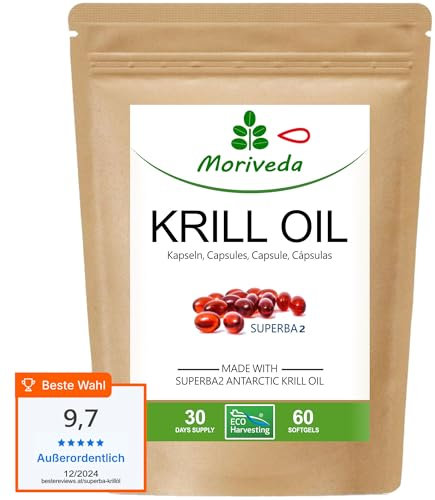 Superba Premium Krillöl Softgel Caps - mit revolutionärem Omega 3 Öl - verestertem Astaxanthin, Antioxidantien & Vitaminen - 60 Kapseln von MoriVeda