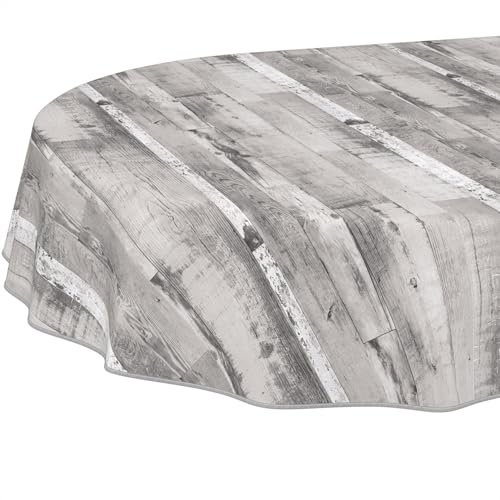 Wachstuch Tischdecke oval mit Einfassung – Holzoptik Grau Weiß – PVC-Tischdecke abwaschbar & robust – modern für Innen & Außen 180 x 140 cm (Oval)