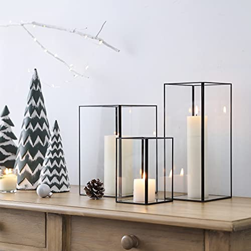 Set mit 3 quadratischen Hurrican-Kerzenhaltern, Klarglas gerahmt in schwarzem Messing, ideal für Heimdekoration und Hochzeit, Urlaubsdekoration, gehärtetes Glas