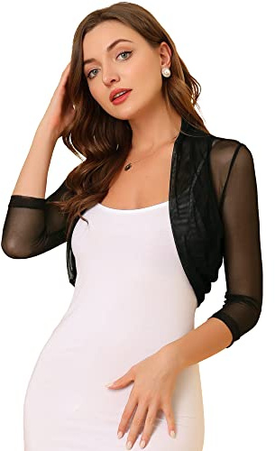 Allegra K Women's 3/4 Sleeve Sheer Mesh Shrug Open Front Cropped Bolero Cardigan Large Black