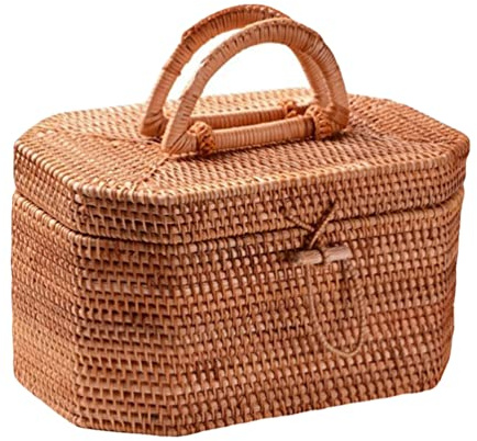 Zerodeko Rattan Storage Box 10.62 Inch Woven Basket Portable Fruit Storage Basket with Lid Kitchen Dining Organizer for Home Decor