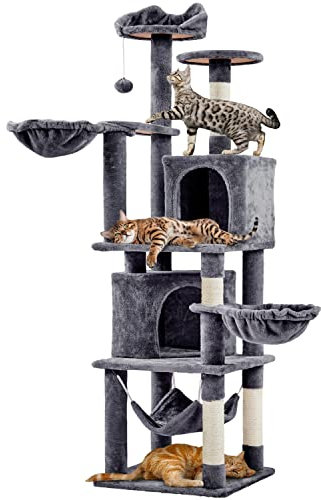 Yaheetech XXL Katzenkratzbaum 175 cm deckenhoch Kratzbaum für 3-4 Katzen, Stabil Kletterbaum mit Sisal-Kratzsäulen Plattformen Korb Hängematte Plüschball, Dunkelgrau