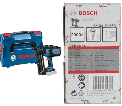 Bosch Professional System GNH 18V-64 Battery Nailer Gun (Nail Dia. 1.6 mm, max. Nail Length 64 mm, excluding Rechargeable Batteries, Charger, in L-BOXX 136) + SK64-20 Stapling Nail Galvanised, 63mm