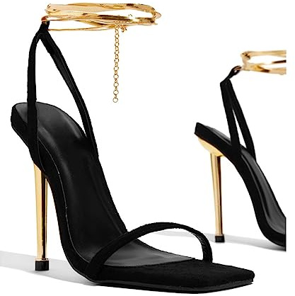 CcacHe Women’s High Pointy Open toe Stilettos Sandals Comfort Slingback Chain Ankle Strap Heeled Shoes 3.14Inches Pump Dress Party Prom Wedding Shoes (Color : Schwarz, Size : 4 UK)