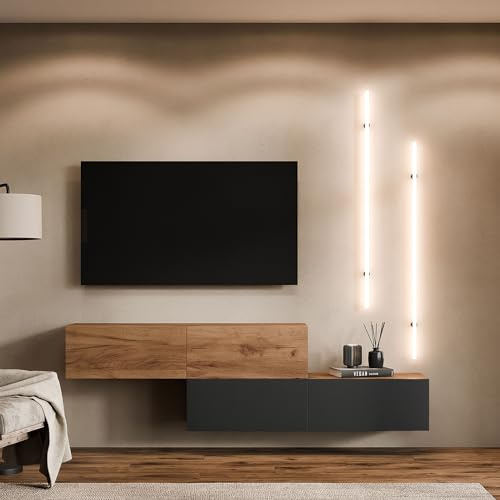 Planetmöbel TV Schrank 280 cm Wohnwand Lowboard Set | Fernseher 65 Zoll, Wohnzimmer Fernsehtisch viel Stauraum, hängend, 2x Fernsehschrank 140 x 30 x 37,5 cm, gold eiche &