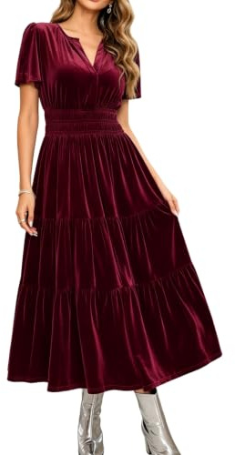 R.Vivimos Autumn Winter Women's Velvet Maxi Dress Short Sleeve V Neck Tiered Ruffle A Line Vintage Dress