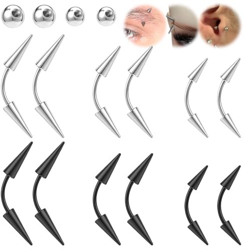 BodyAce 16G Spike Eyebrow Piercing Jewelry, Curved Barbell Eyebrow Tragus Lip Rings with Balls, Black Spike Earrings Rook Nose Bridge Ring for Women Men (Bar Length:10mm)