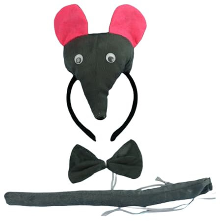 3pcs Ohren Stirnband Set,Ohren Schwanz Fliege Tier Kleid Set,Tierohren Schwanz und Fliege Set（Maus）