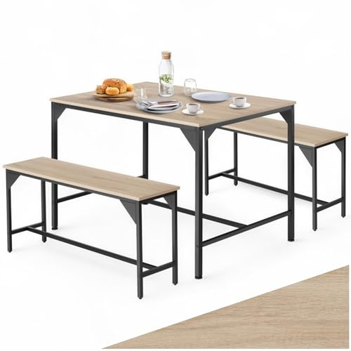 tectake Essgruppe, Esstisch 3-teilig, Sitzgruppe, Esszimmer Set mit Tisch und 2 Bänken, 110 x 70 x 75 cm, Industrial Design, ideal für Küche, Wohnzimmer, Esszimmer - Industrial Holz hell, Eiche Sonoma