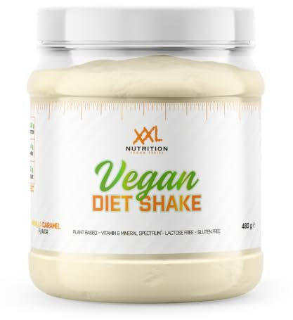 XXL Nutrition - Vegan Diet Shake - Veganer und Laktosefreier Mahlzeitenersatz, 24,6 Gramm Eiweiss pro Portion, Vitaminen und Mineralstoffen, Plant Based - Vanilla Caramel - 480 Gramm