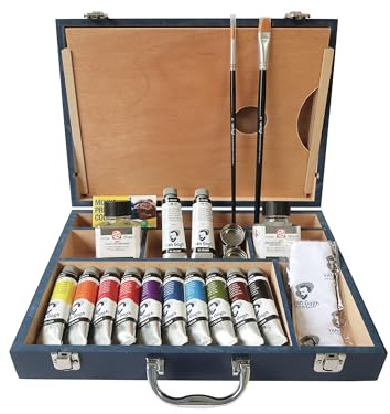 Vangogh Oil Colour Starter Box XL - 12x40 ml Tubos y accesorios - Carcasa de madera duradera - Ideal para principiantes y profesionales - Alta pigmentación y resistencia a la luz