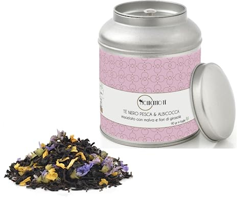 Novecento Tè | Tè Nero Pesca e Albicocca in Foglie - 90 Gr | Miscela Con Malva, Fiori Girasole Infusi | Sfuso in Latta Metallo
