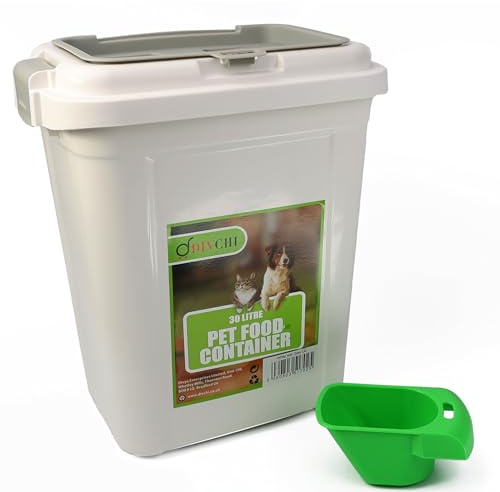 DIVCHI 40L Pet Food Storage Container Flip Top Locking System With Integrated Scoop Plastic Birds Airtight Pet Dog Cat Animal Dry Food 15 KG Dispenser Bin (White)