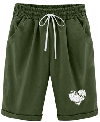 AMhomely Baumwoll-Leinen-Shorts für Damen, elastische Taille, Shorts mit Tasche, Herzdruck, lässige Shorts, Kordelzug, elastische Taille, Cargo-Shorts, Fitnessstudio, Workout-Shorts, 04 Grün, XX-Large