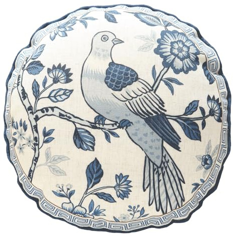 bilin gaier Chinoiserie Throw Pillow Covers,Classic Blue and White with Birds Pattern Linen Pillowcases,Decorative Round Cushion Covers for Couch Bed Car,Diameter 16