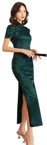 ZNLFS Women's Chinese Dresses Long Cheongsam Mandarin Collar Slim Fit Short Sleeve Bodycon Floral Print Sexy Side Slit Qipao (UK, Numeric, 8, Regular, Regular, Green)