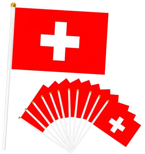 Lot de 10 petits drapeaux de la Suisse sur bâtons et 2 tatouages temporaires pour fête olympique Euro Football 2024, mini drapeaux suisses sur bâtons pour événements sportifs, décorations de fête