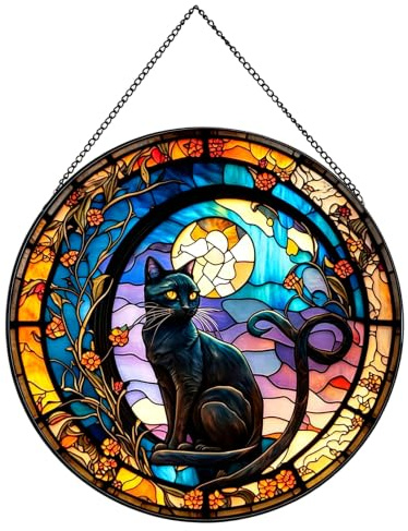 Payutou Schwarze Katze, Buntglas-Fensterbehang, Sonnenfänger, Buntglas für Fenster für Katzenliebhaber, 20 cm, handbemalt, Sonnenfänger, Gartenbehang, Halloween, Herbst, Weihnachtsdekoration für