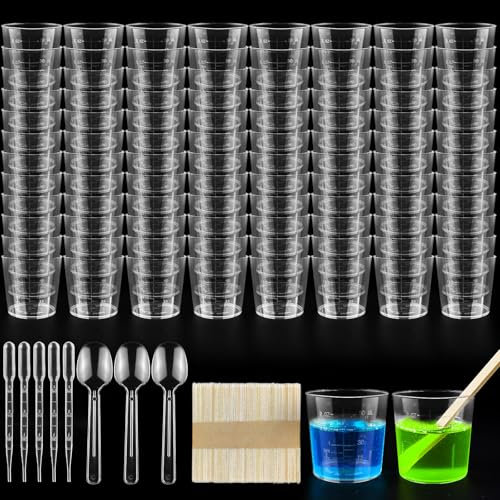 REJOECE 100 Pack Measuring Cups 60ml, Plastic Mixing Cup Measuring Cups, Transparent Scale Cups, Reusable Mixing Cup, 50 Pack Mixing Sticks Labs Graduated Beakers Baking Cooking Home Lab Measure Tool