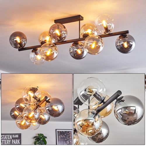 HOFSTEIN Deckenleuchte Gastor, 10-flammige Deckenlampe aus Metall/Glas in Schwarz/Rauch/Bernstein/Klar, Leuchte im Retro/Vintage-Design (Schirme Ø 15cm), E14, Esszimmer, Wohnzimmer, Küche, Flur, Büro