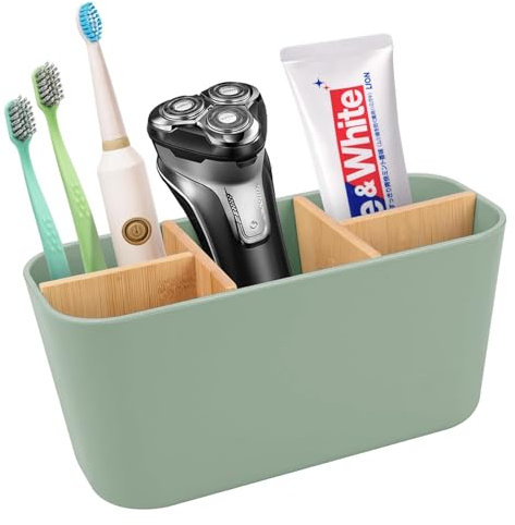 Porte Brosse à Dents en Bambou, Support Brosse a Dent Electrique 5 Compartiments Amovible, Rangement Brosse a Dent Stand, Multifonction Organisateur Salle de Bain Familiale (Vert)