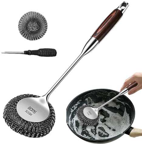 Cepillo de Limpieza para estropajos, Cepillo de ollas de Acero Inoxidable, Estropajo de Cocina de Metal con Mango Largo, Bola de Alambre de Acero Antiadherente, Cepillo para, Resistente Gesc