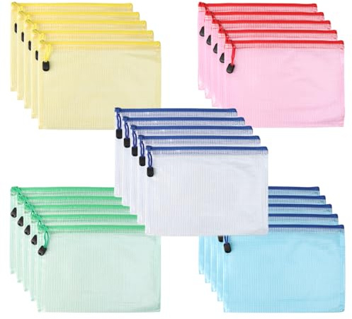25 Stück Dokumententasche A5 Dokumententaschen mit Reißverschluss Wasserdichte Zip Beutel Klein Mesh Bag Kunststoff Zipper Beutel für Dokumente Quittung Papier Kosmetika(5 Farben)