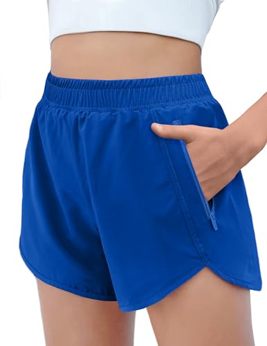 Arshiner Flickor 5-14 år hög midja löpning cykling basket fotboll tennis yoga dans sportshorts med dragkedja fickor lila, BLÅ, 5-6 År