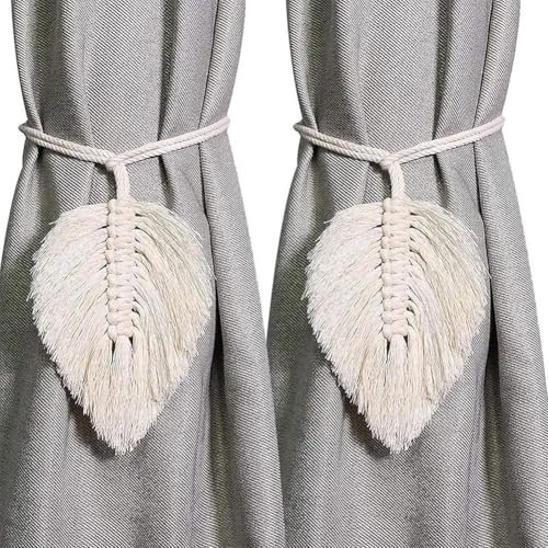 2 Stück Raffhalter Boho Vorhanghalter, Blätter Baumwolle Makramee Gardinenhalter, Gardinenhalter Vorhang Clips Feder Gardinenklammern für Vorhänge Gardinen Deko (Weiß)