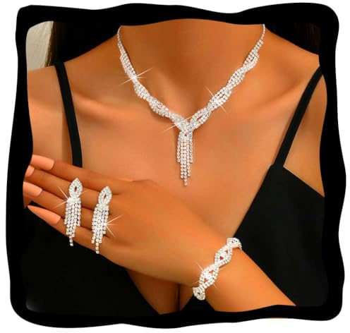 Fashband Parure de bijoux de mariée en argent avec nœud, set de bijoux de mariage avec strass, colliers pour costume de bal pour femmes, Misura unica, Perle synthétique, Pas de gemme